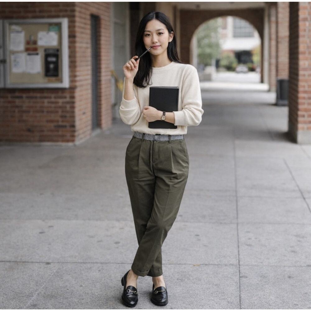 O’2nd Houndstooth Green Korean Trouser Pants Womens 4 Nylon Wool Linen Ankle